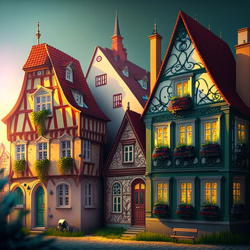 Image generated by artificial intelligence. European houses. 3D art
