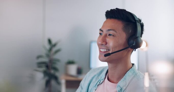 Business, Asian man and video call for online meeting, conversation and brainstorming. Japan, male entrepreneur and agent with headphones, wave for greeting and discussion for negotiation and idea.