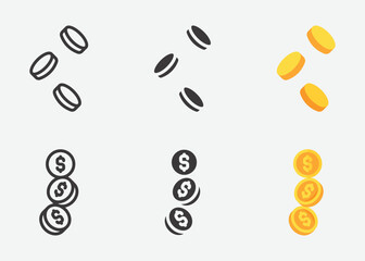 Coin icon set. Different Coins collection, Coin silhouette icons collection, coin in flat style and outline. Simple web icons set. Vector