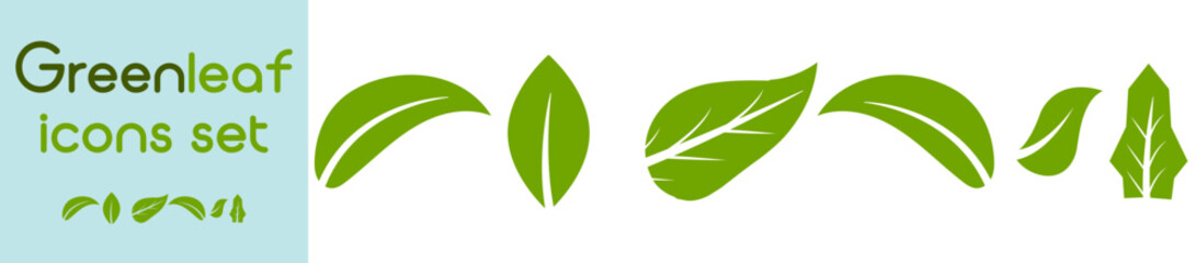Green leaf icons set. Leafs green color icon logo. Green leaf nature element. Leaf green collection.