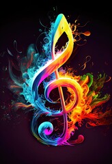 Colorful Treble Clef - Representing the sound and color spectrums, this polychromatic treble clef is splattered with a rainbow of colors for a vibrant and bright music lesson for the musically incline - obrazy, fototapety, plakaty
