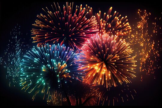 fireworks - patriotic firecrackers in the sky with brilliant and colorful explosions. Boombastic night sky created by Generative AI