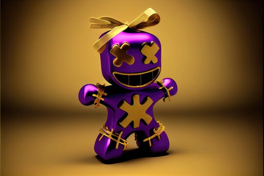 Voodoo Doll - A modern voodoo doll created in a modern animation style and traditional Mardi Gras purple and gold colors. Generative AI image to celebrate Fat Tuesday in New Orleans