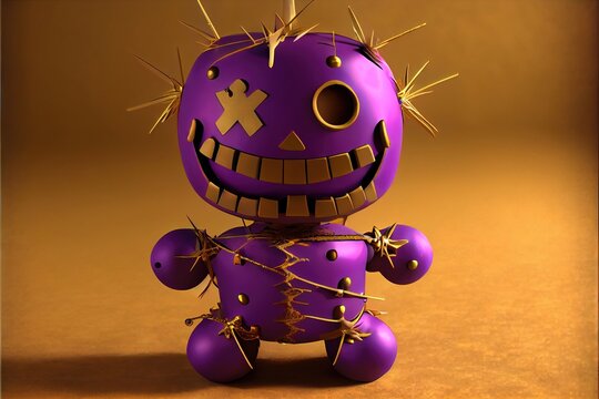 Voodoo Doll - A modern voodoo doll created in a modern animation style and traditional Mardi Gras purple and gold colors. Generative AI image to celebrate Fat Tuesday in New Orleans