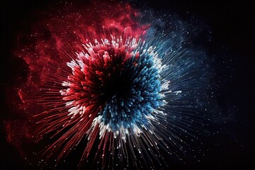 Red, White, Blue fireworks - patriotic firecrackers in the sky with brilliant and colorful explosions. Boombastic night sky created by Generative AI