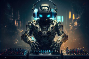 Robot DJ, - AI music is becoming more popular, and robots are taking over. This robot was created by generative AI to represent artificial intelligence used in audio recordings. - obrazy, fototapety, plakaty