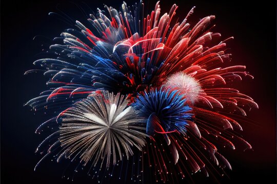 Red, White, Blue fireworks - patriotic firecrackers in the sky with brilliant and colorful explosions. Boombastic night sky created by Generative AI