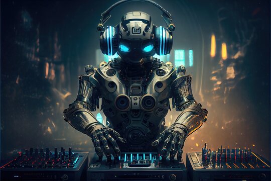 Robot DJ, - AI music is becoming more popular, and robots are taking over. This robot was created by generative AI to represent artificial intelligence used in audio recordings.