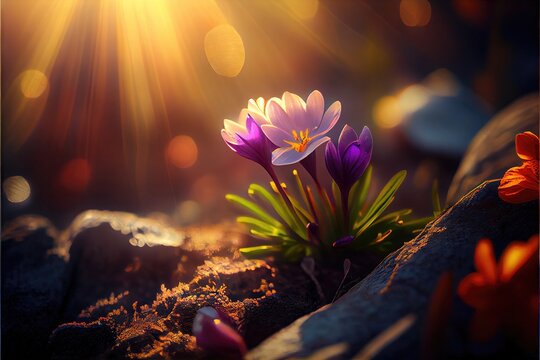 Spring Equinox - Generative AI floral image of the annual equinox of the Spring season. Flowers blossom and plants thrive during this seasonal occasion when night and day balance