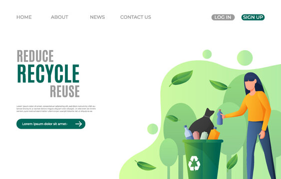 Characters reducing food waste, recycling plastic bottles. Reduce, reuse, recycle and zero waste concept. Web banner, landing page. Vector illustration