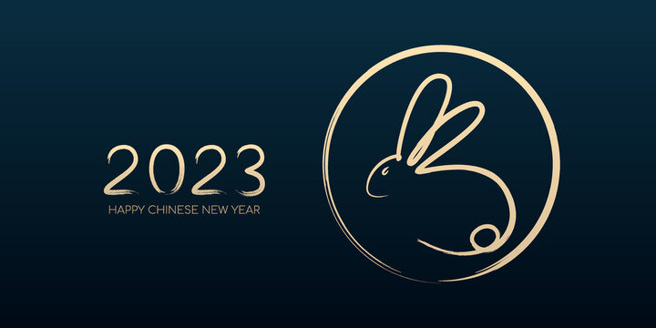 Happy Chinese New Year 2023, Year of the rabbit by brush stroke abstract paint continuous line gold gradient isolated on dark blue background.