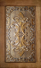 antique wooden door, weathered brown floral pattern ornament framed panel