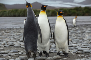 King Penguins (Aptenodytes patagonicus) in Antarctica standing on a rocky foreshore with a glacier in the background.