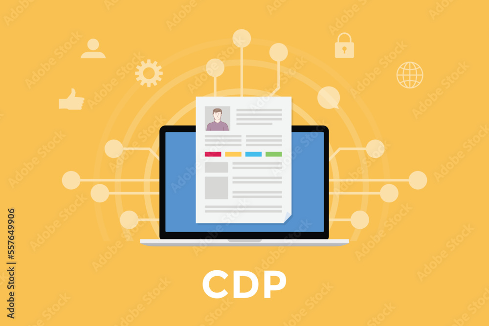Poster cdp customer data platform concept with laptop and customer data profile with some related icon with