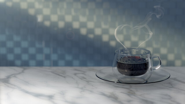 a cup of coffee with heart shape of smoke, 3D Rendering