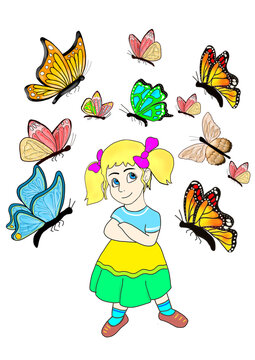 Petite fille avec les papillons de couleurs.