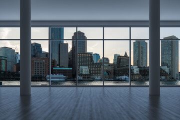 Fototapeta na wymiar Panoramic picturesque city view of Boston at sunset from modern empty room interior, Massachusetts. An intellectual, technological and political center. 3d rendering.