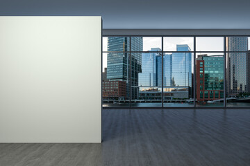 Obraz na płótnie Canvas Panoramic picturesque city view of Boston at sunset from modern empty room, Massachusetts. An intellectual and political center. Mockup copy space empty wall. Display concept. 3d rendering.