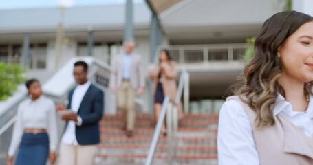 Stairs, work and business woman leave company building, workplace or corporate hq at end of working day. People walking, steps or office employee leaving marketing agency headquarters at closing time