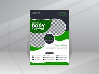 Fototapeta na wymiar Modern Gym Body Fitness Club center Promotional Flyer layout vector template
