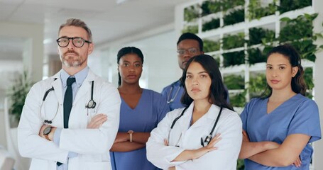 Doctors, nurses and team, healthcare with focus and portrait, professional in medicine with health. Nursing, collaboration and medical expert with career, teamwork with trust, diversity and hospital.