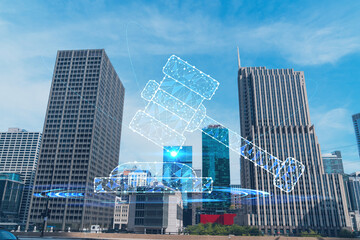 Panorama cityscape of Chicago downtown and Riverwalk, boardwalk with bridges at day time, Illinois, USA. Glowing hologram legal icons. The concept of law, order, regulations and digital justice