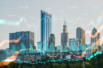 Fototapeta na wymiar Chicago skyline, Butler Field towards financial district skyscrapers, day time, Illinois, USA. Parks and gardens. Forex graph hologram. The concept of internet trading, brokerage, fundamental analysis