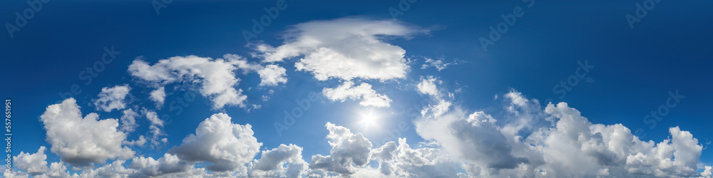 Wall mural blue sky panorama with puffy cumulus clouds. seamless hdr pano in spherical equirectangular format. 