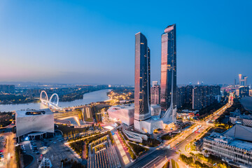 Fototapeta na wymiar Aerial photography of the city skyline of Nanjing Youth Olympic Center and Nanjing Eye Bridge in Nanjing, Jiangsu, China