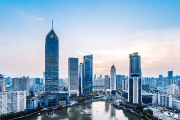 China Hubei Wuhan Hankou Northwest Lake CBD building dusk scenery