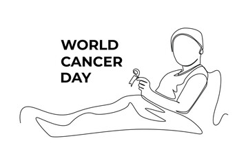 Single one line drawing Childhood Cancer Day with little girl holding ribbon. World cancer day concept. Continuous line draw design graphic vector illustration.