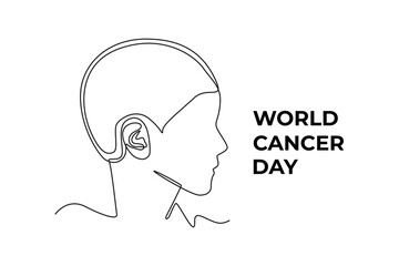 Single one line drawing cancer child showing hair loss or baldness. World cancer day concept. Continuous line draw design graphic vector illustration.