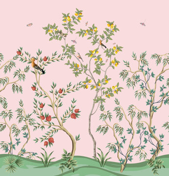 Chinoiserie style Seamless pattern with peonies trees, butterfly and birds . Vector