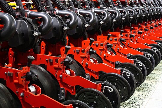 Rear detail of closing wheels and frame modern Swedish high speed planter Vaderstad Tempo TPL 24 CFS, displayed on agricultural expo in Nitra, Slovakia