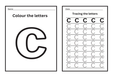 Alphabet tracing practice Letter C. Tracing practice worksheet. Learning alphabet activity page. Printable template. Uppercase and lowercase ABC trace practice worksheet. Learning English handwriting