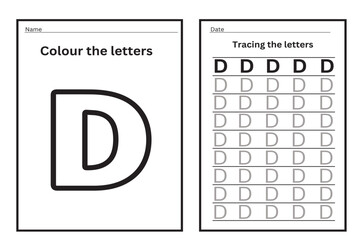 Alphabet tracing practice Letter D. Tracing practice worksheet. Learning alphabet activity page. Printable template. Uppercase and lowercase ABC trace practice worksheet. Learning English handwriting