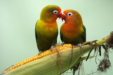 A pair of lovebirds are perched on a corn kernel that is ready to be harvested. This bird which is used as a symbol of true love has the scientific name Agapornis fischeri.