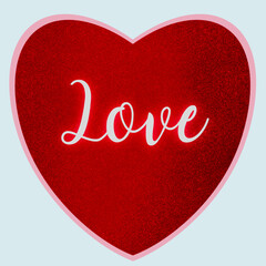 Valentines Day red heart with neon word of Love on glitter background. Glowing letters style. Happy Valentine's Day design element, vector illustration.