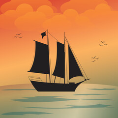 Sailing boat illustration. Sunset or sunrise on the sea. Boat at the ocean. vector illustration