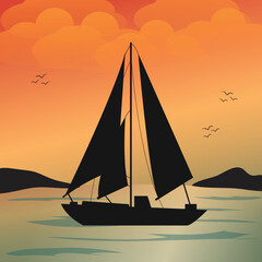 Fototapeta premium Sailing boat illustration. Sunset or sunrise on the sea. Boat at the ocean. vector illustration