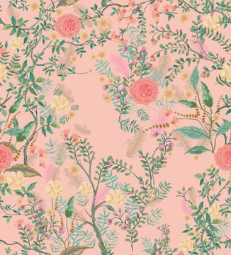 Pink decorative garden seamless pattern for wallpaper