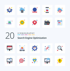20 Seo Flat Color icon Pack. like targeting. search. seo. url. link