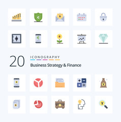 20 Business Strategy And Finance Flat Color icon Pack. like japanese. yen. analytics. math. calculate