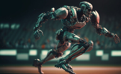 Fototapeta na wymiar Trial of humanoid robots while running on the football ground. Generative Ai.