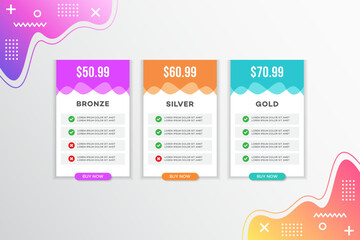 Pricing table design, Pricing plan or subscription web UI elements, Website marketing or promotion interface template, Product comparison table