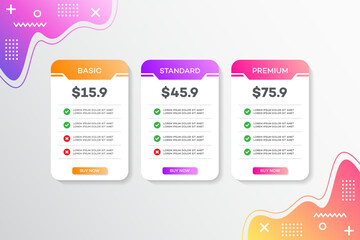 Pricing table design, Pricing plan or subscription web UI elements, Website marketing or promotion interface template, Product comparison table