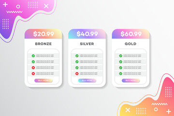 Pricing table design, Pricing plan or subscription web UI elements, Website marketing or promotion interface template, Product comparison table