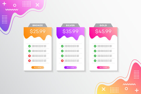Pricing table design, Pricing plan or subscription web UI elements, Website marketing or promotion interface template, Product comparison table
