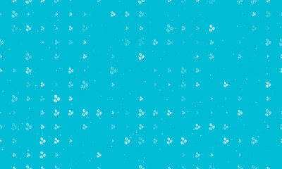 Seamless background pattern of evenly spaced white coffee beans symbols of different sizes and opacity. Vector illustration on cyan background with stars