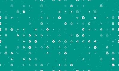 Seamless background pattern of evenly spaced white instant coffee symbols of different sizes and opacity. Vector illustration on teal background with stars